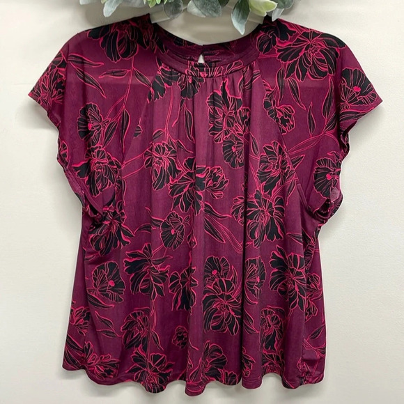 Apt. 9 Burgundy Floral Blouse Cap Sleeve Back Keyhole Closure L - Picture 1 of 14